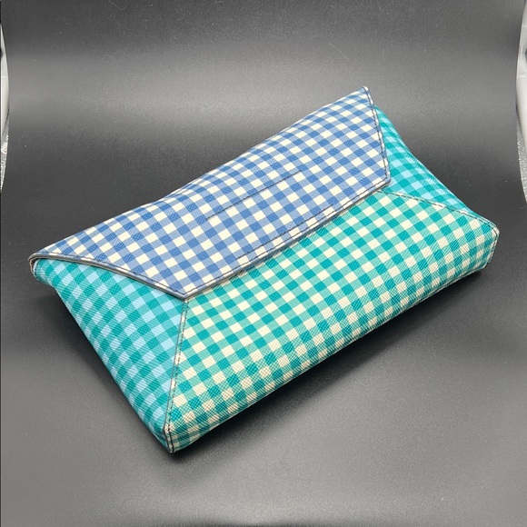 J. Crew Checkered Clutch - Blue and Green Coated Leather NEW - Picture 3 of 14